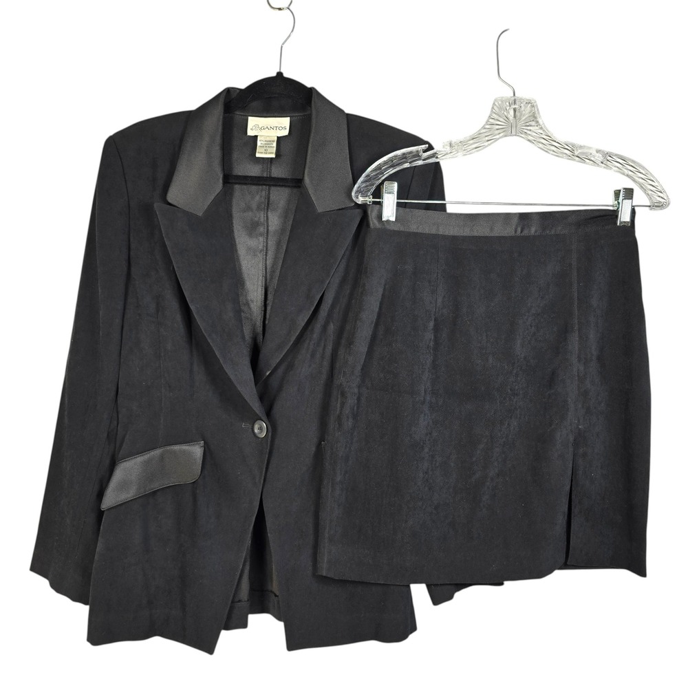 Gantos Vintage 90s Black Faux Suede Skirt Suit Set Satin Trim Blazer 10 Skirt 8
